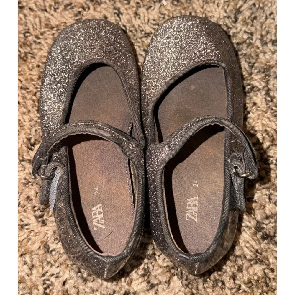 Zara-Girls Dark Brown Silver Glitter Finish Mary Jane Ballet Shoes 9.5 (24)